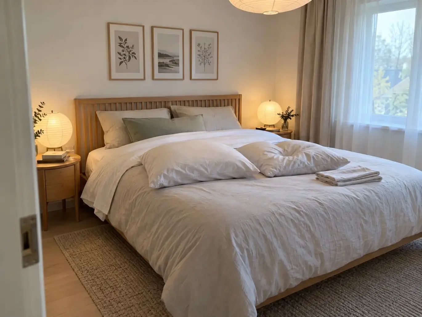 Made bed in a bright Scandinavian bedroom with two pillows set out on the duvet, waiting to be washed