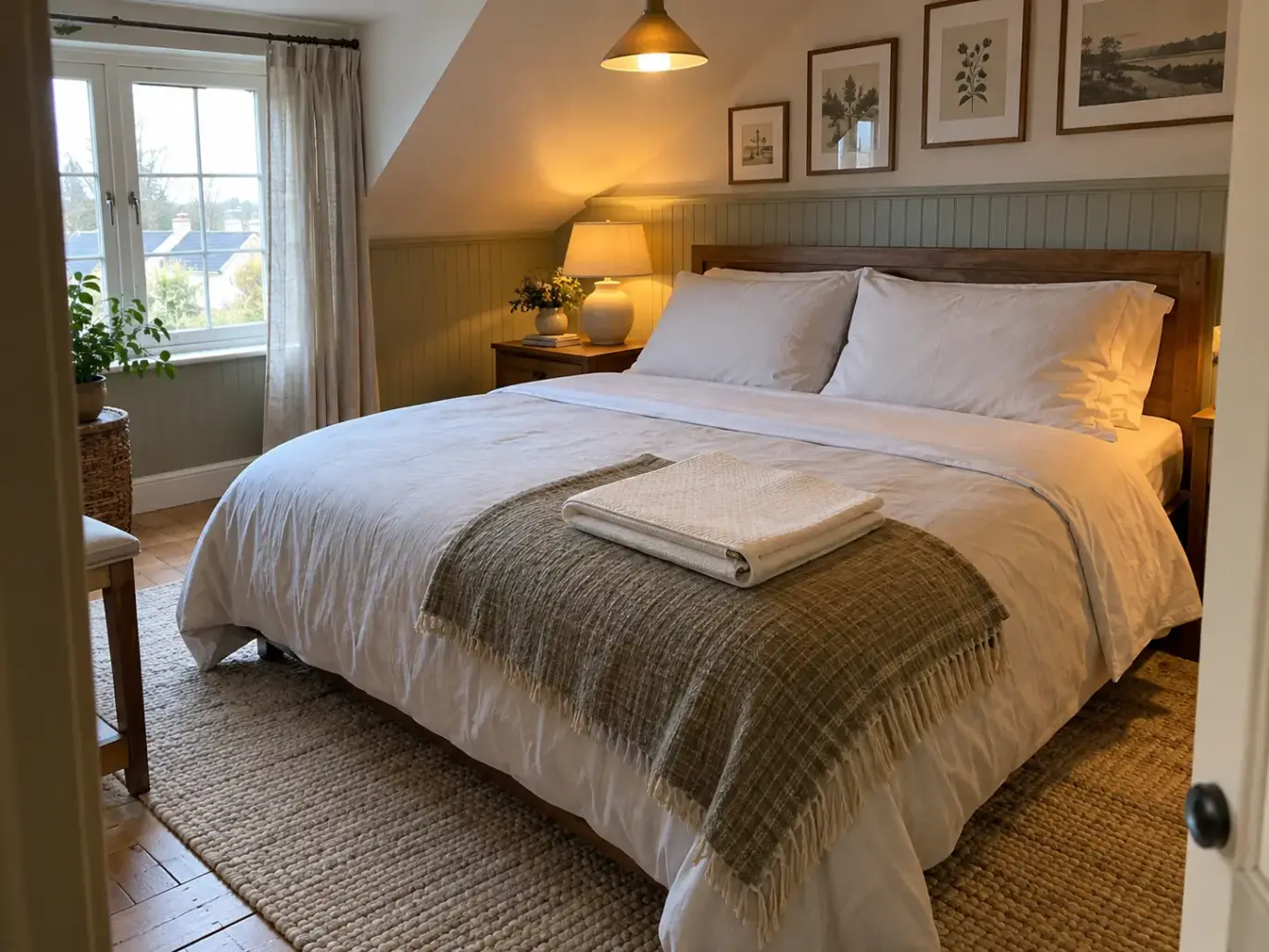 Made bed with two plumped pillows in cotton cases and a folded zippered pillow protector at the foot in an attic bedroom