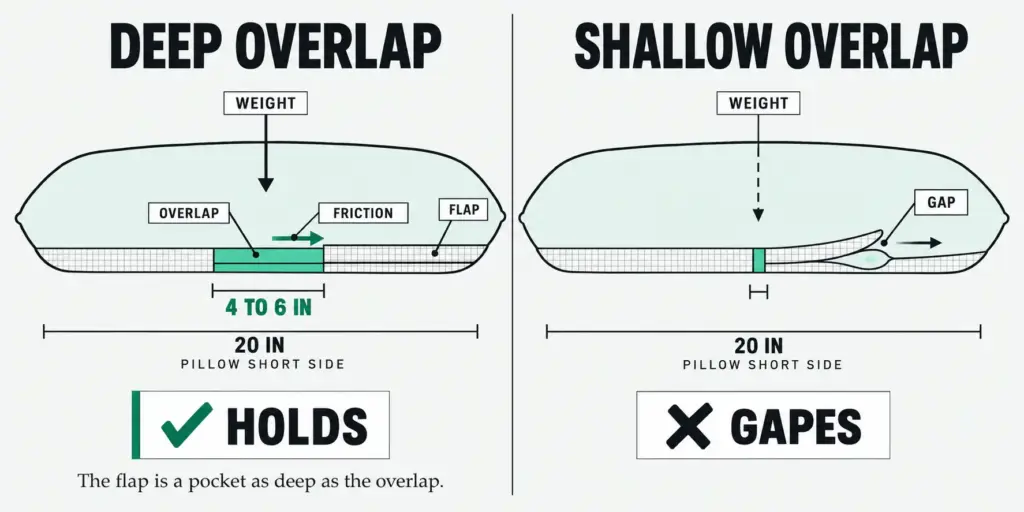 Side-view diagram of a pillow envelope back: a deep 4 to 6 inch overlap holds the pillow, a shallow one gapes.