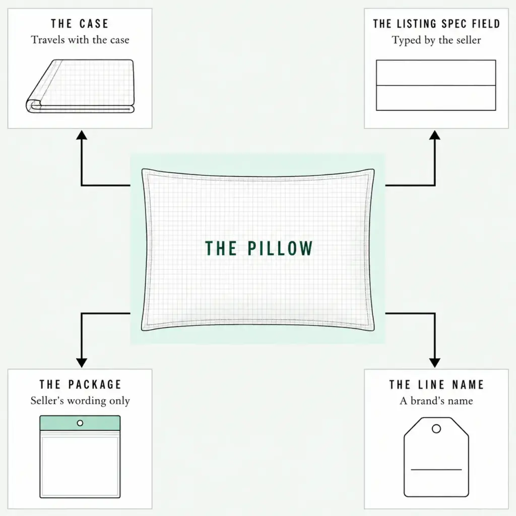 Diagram of one pillow with four arrows to its case, listing field, package and line name, each saying what it can promise