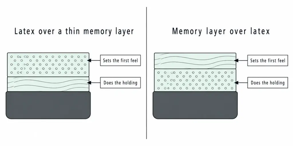 Flat line diagram of two topper orders, showing which layer sets the first feel and which one does the holding