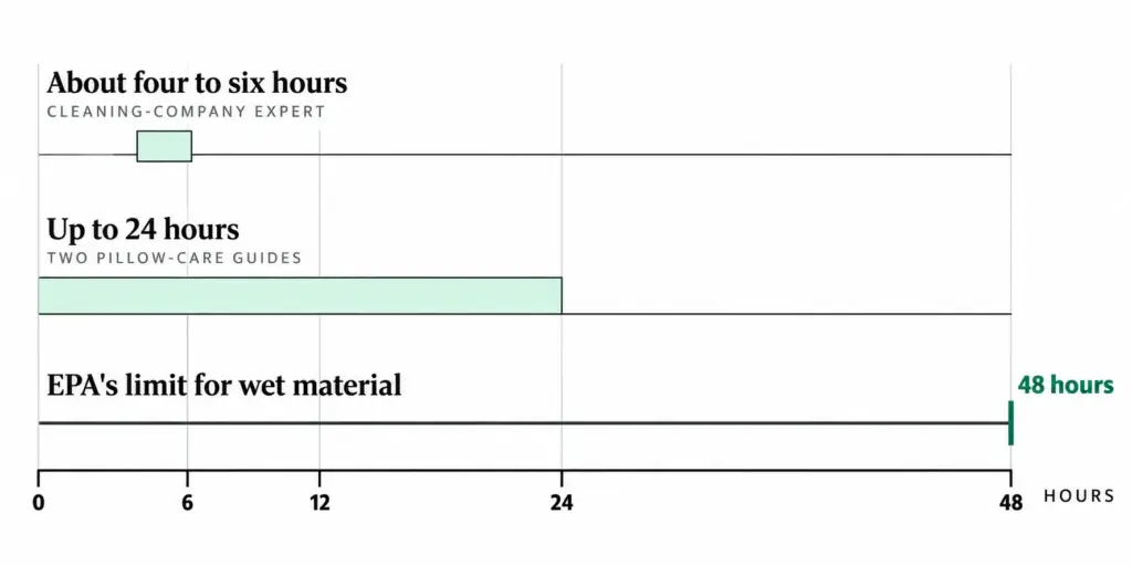 Bar chart comparing three drying-time sources for a foam pillow, with the EPA 48-hour wet-material limit marked