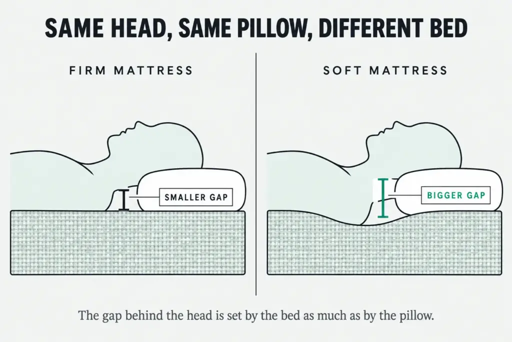 Side-on diagram: the gap behind a back sleeper's head is smaller on a firm mattress and bigger on a soft one