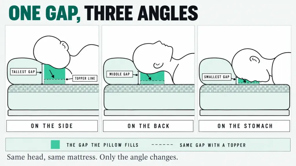Side-view bed cross-sections of side, back and stomach sleeping, showing the head-to-mattress gap and how a topper shrinks it