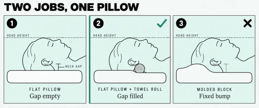 Side-view diagram of three pillows: the empty gap under the neck, the same gap filled by a towel roll, a molded block