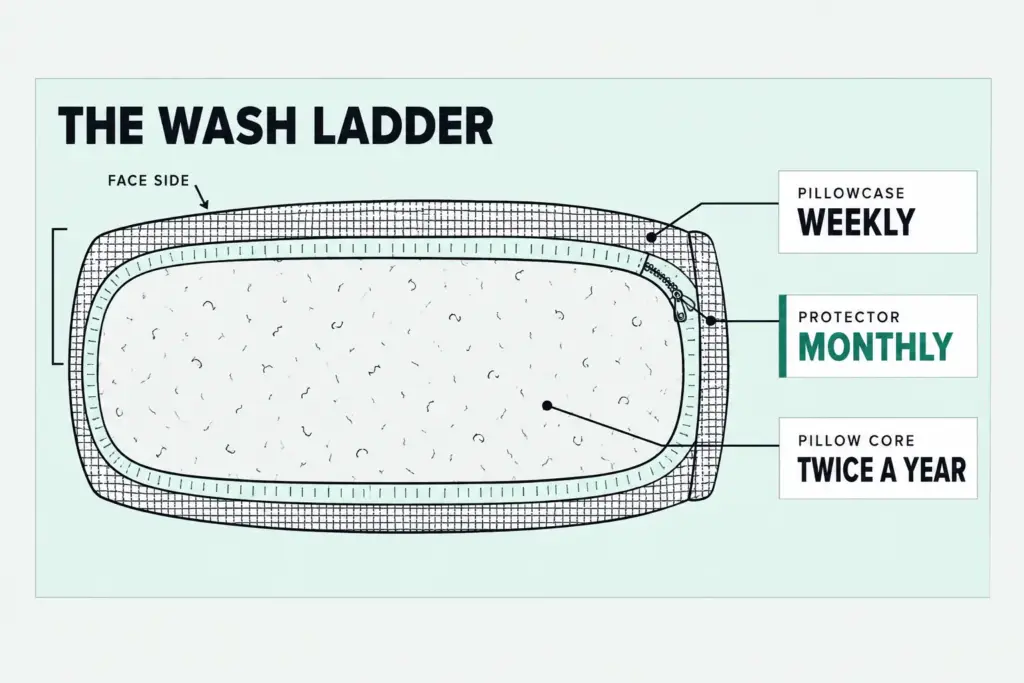 Cross-section of a pillow showing the core, the protector and the pillowcase, each labeled with its wash rhythm