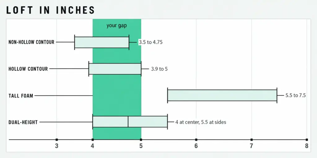Range chart showing pillow loft in inches by shape family, with a band marking where the heights overlap