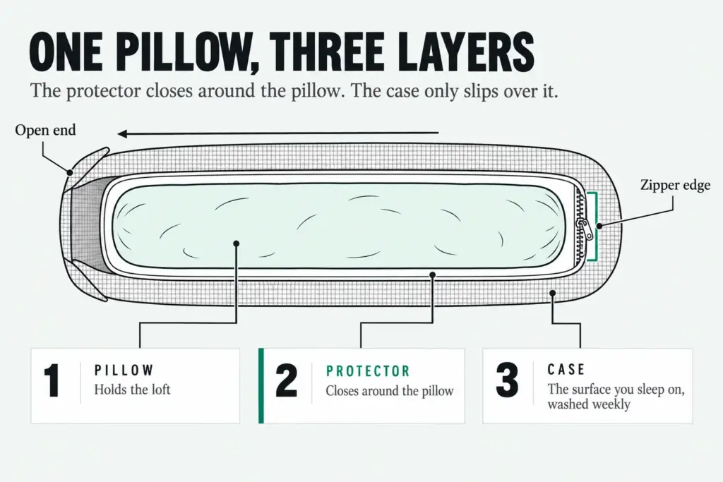 Cross-section of a pillow: the pillow, a closed protector with a zipper edge, and an open-ended case