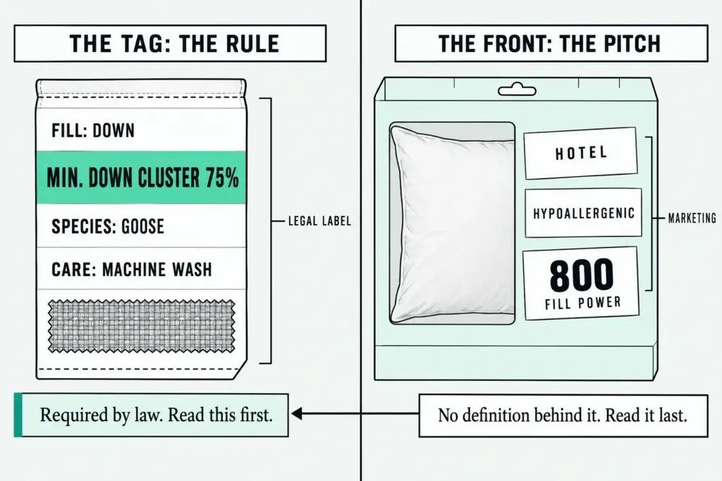 Diagram of a pillow seam tag beside its package front, showing which words are legal rules and which are marketing.