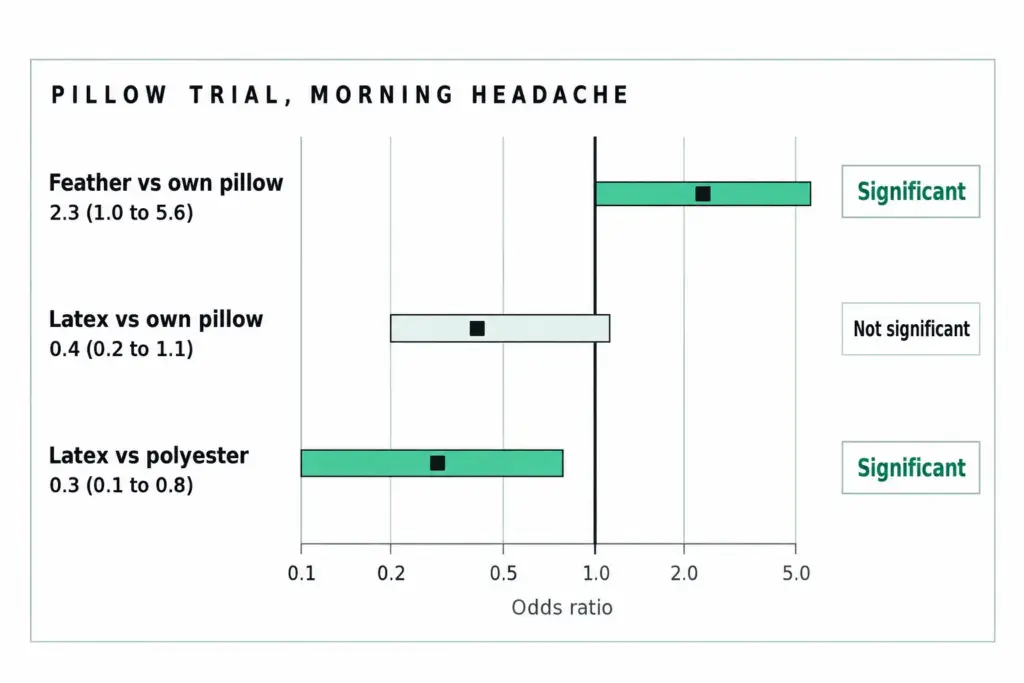 Odds-ratio chart of three pillow trial comparisons, bars against a line at 1.0, marked significant or not significant