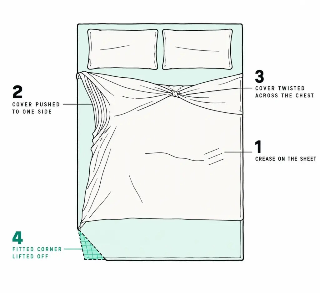 Top-down line diagram of a queen bed with four night marks: sheet crease, cover pushed aside, twisted cover, lifted corner