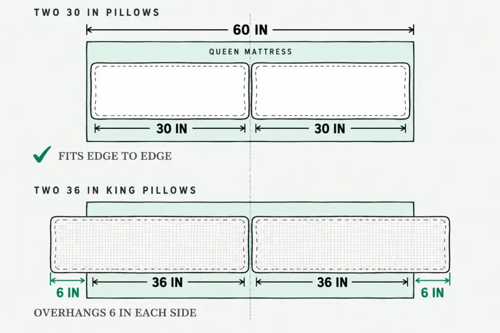 Top-down diagram: two 30 in pillows fit a 60 in queen mattress; two 36 in kings overhang 6 in each side.