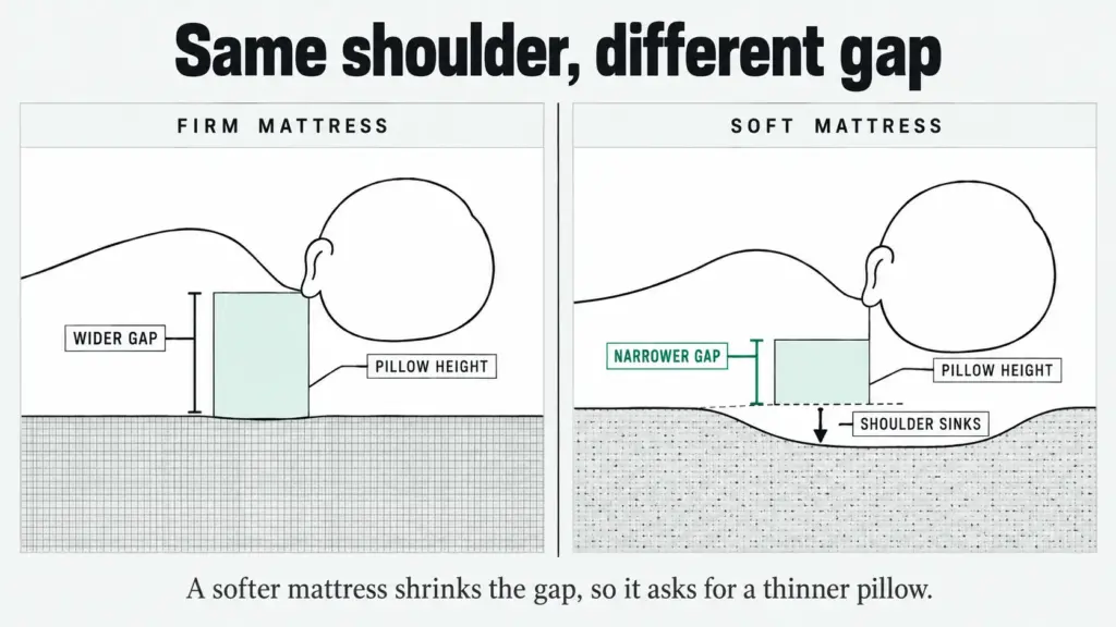 Side-view diagram: a soft mattress lets the shoulder sink and shrinks the ear-to-mattress gap a pillow must fill.