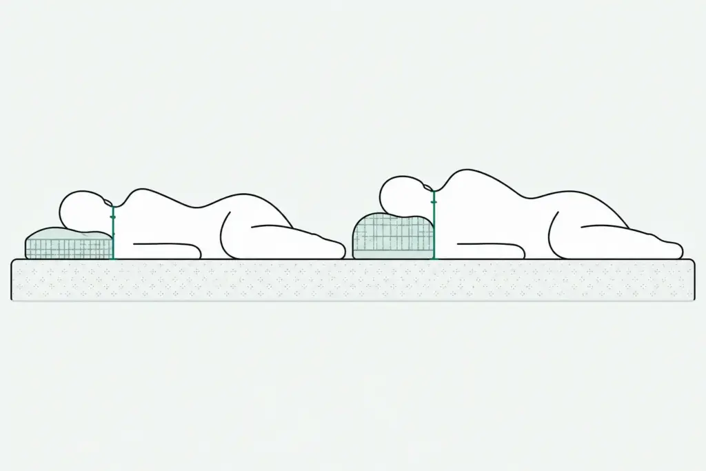 Line drawing of two side sleepers on one mattress, narrow and broad shoulders, each with a different pillow height