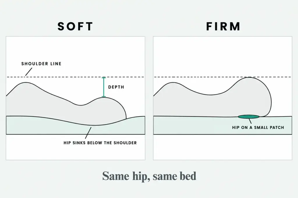 Flat side-on diagram of a hip on soft and firm toppers: it sinks below the shoulder on soft, rests on a small patch on firm