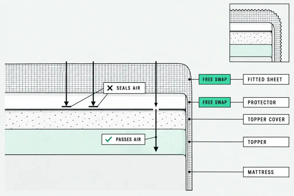 Flat cross-section of the bed layers from mattress to fitted sheet, marking which layers seal air and where to swap