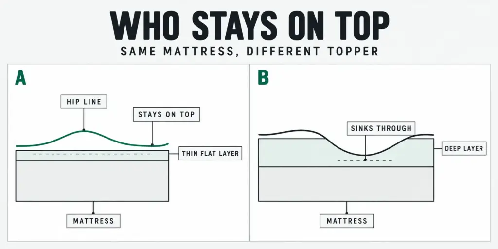 Cross-section of one mattress: a thin topper keeps the hip on top, a deep topper lets it sink through to the mattress