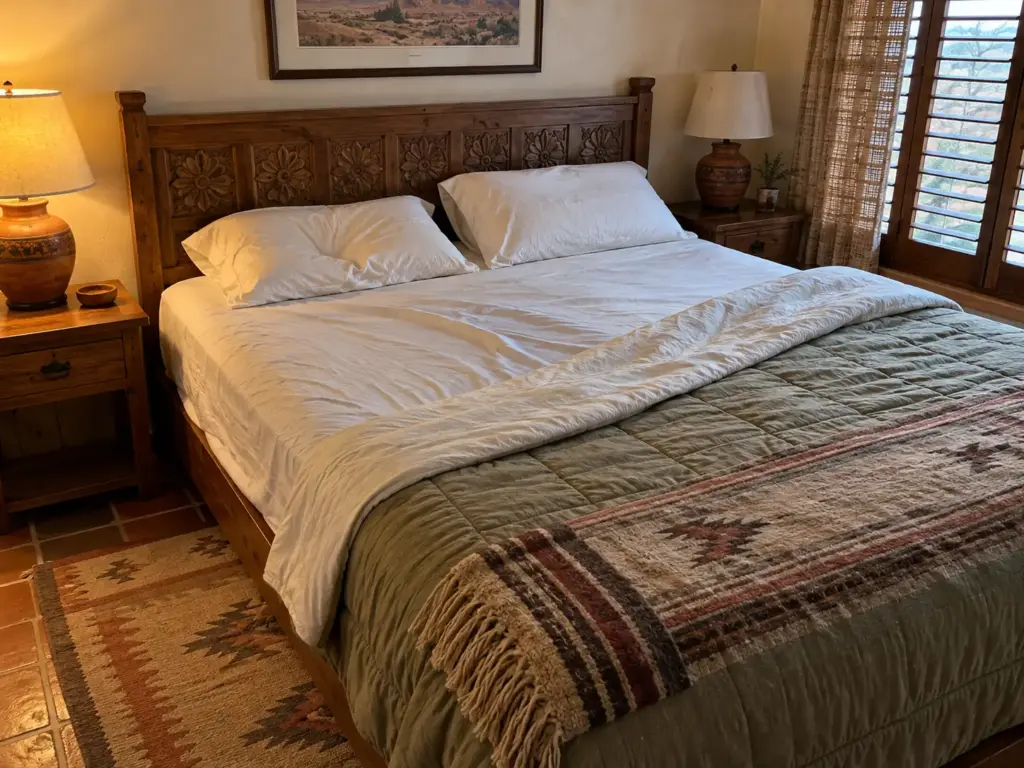 Slept-in queen bed in the morning with the comforter turned down, a long soft crease in the sheet and a deep pillow dent