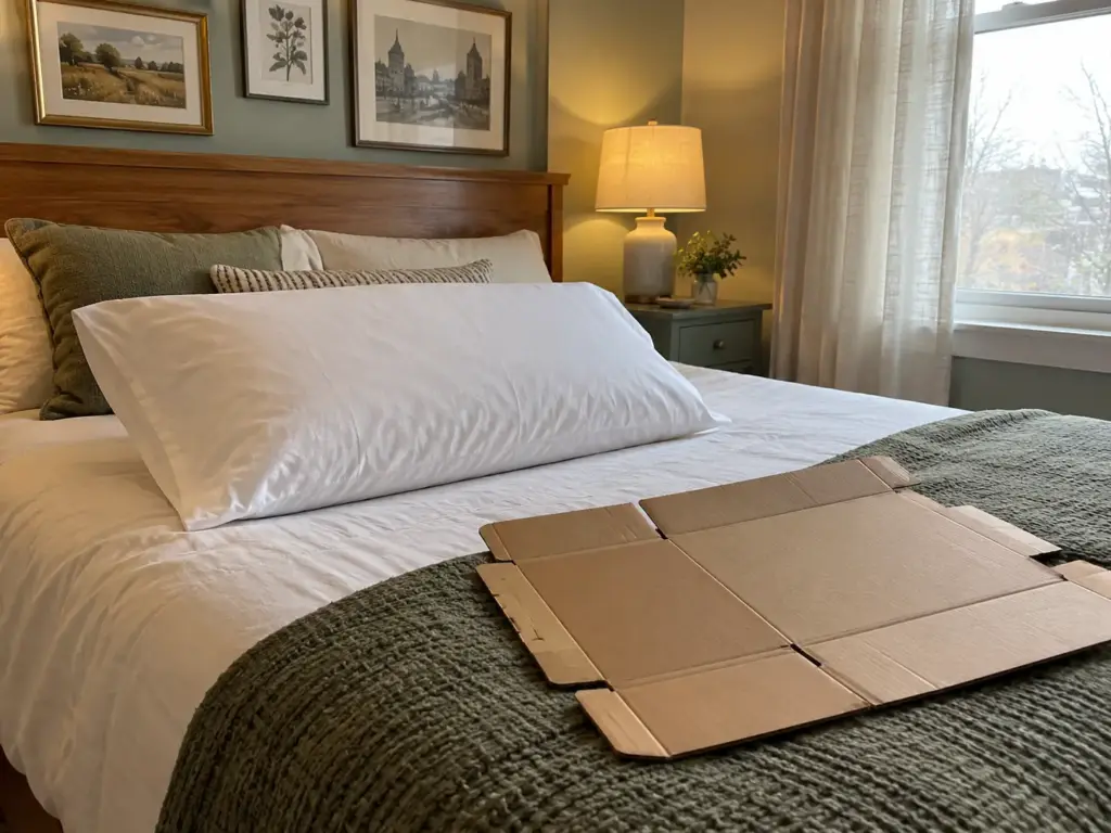 A new pillow on a made bed next to its flattened shipping box, the day the parcel arrived