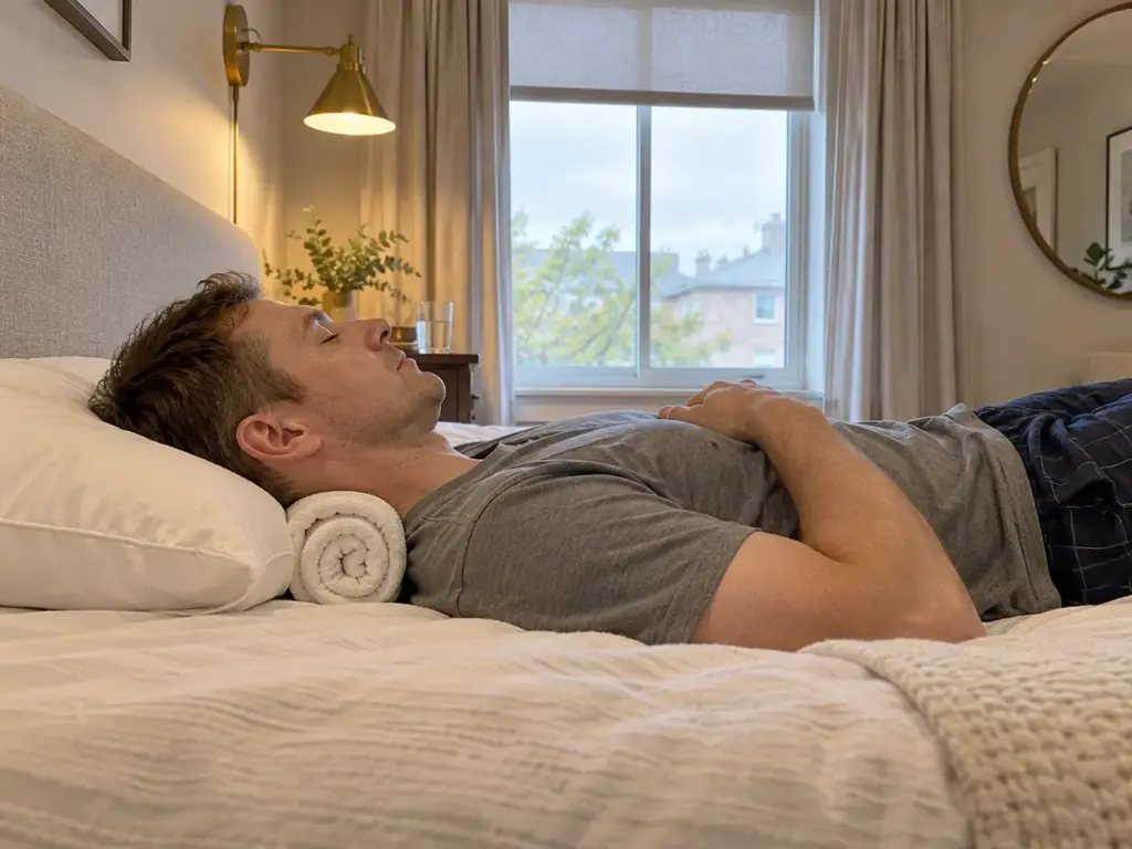 Man lying on his back in profile with a rolled towel under his neck and his head on a flat pillow, seen from the side