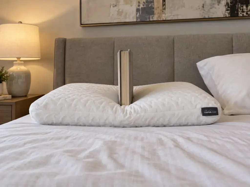 Low foam pillow pressed down by a hardcover book on a made bed to show how far it gives under weight