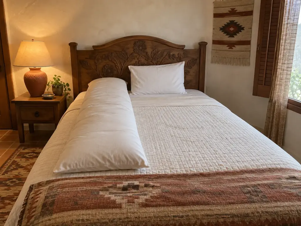 Body pillow laid between the knee zone and a head pillow on a made bed to show where each pillow goes for a side sleeper