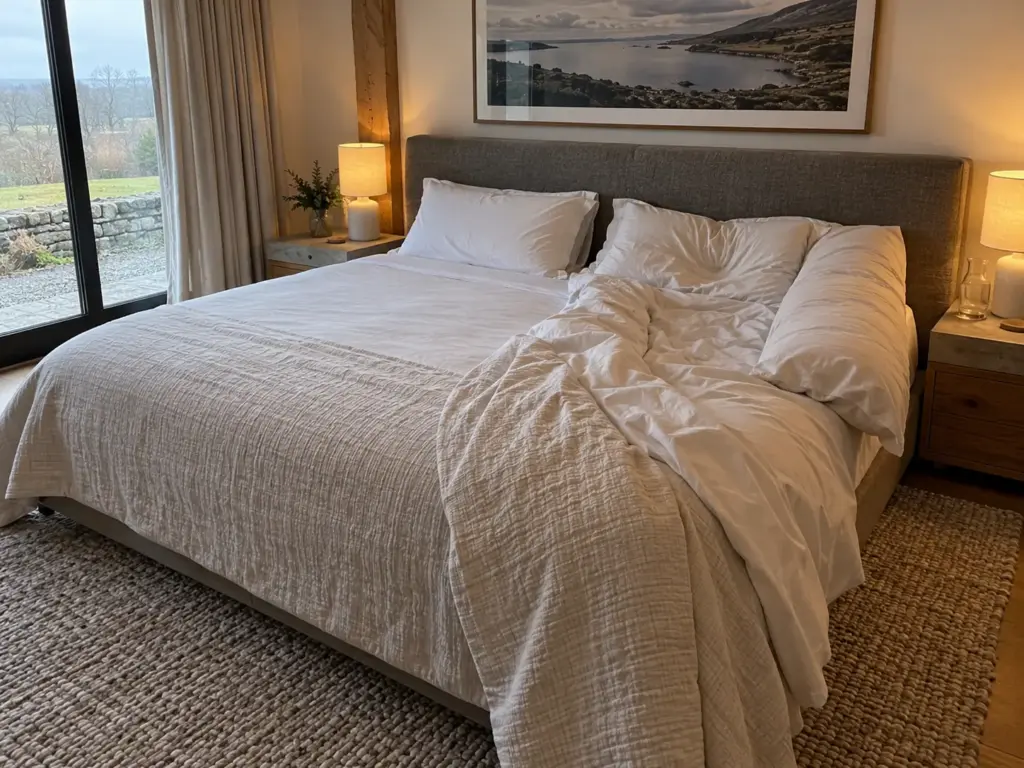 Slept-in side of a queen bed with the duvet turned down, a dent in the pillow and a long pillow pushed to the edge