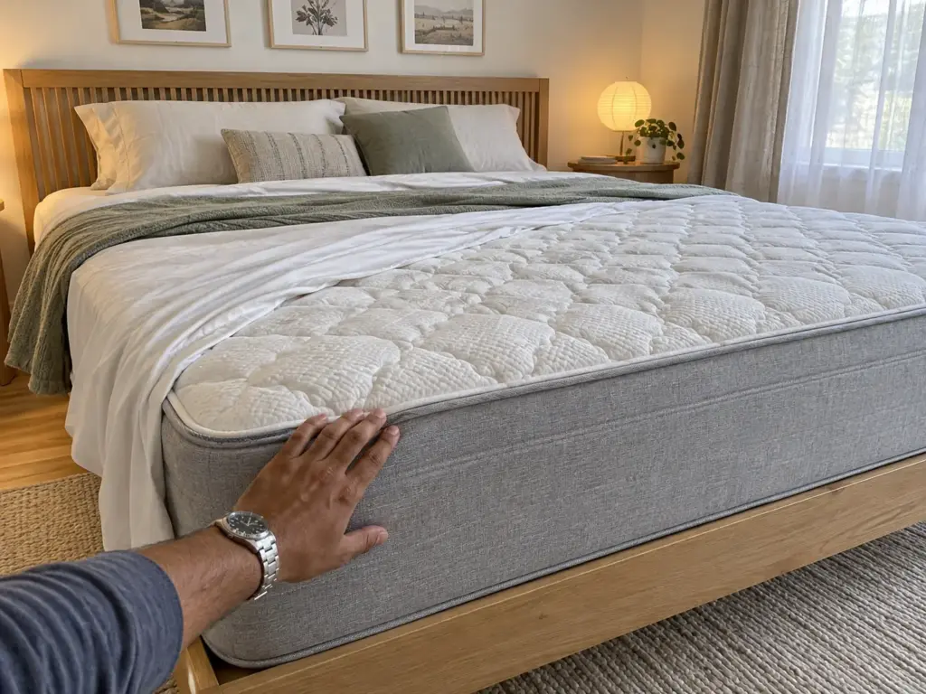A hand rests on the side wall of a queen mattress under the stitched seam of a quilted built-in top, fitted sheet pulled back