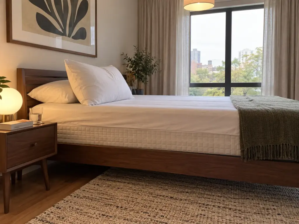Side view of one pillow with a soft dent in the middle, seen at mattress level against a walnut headboard