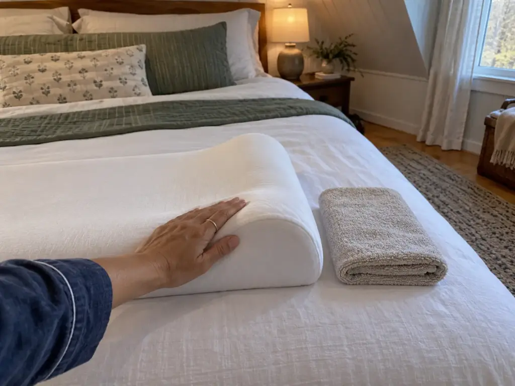 Contoured cervical pillow on a made queen bed with a folded towel beside it and a hand on its raised roll
