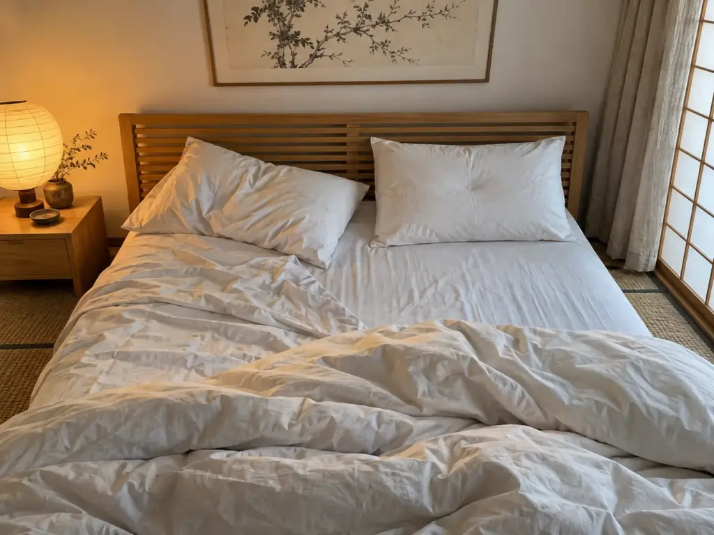 Morning after a restless night: one pillow shoved sideways with an off-center dent beside a second pillow still square