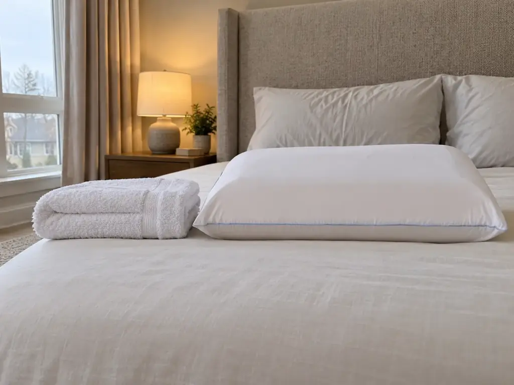 A tall solid memory foam cooling pillow on a made bed beside a folded towel at the same height