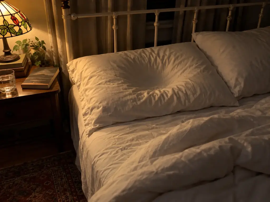 Pillow with a deep hollow where a head rested, beside a lit lamp and a glass of water on a bungalow nightstand