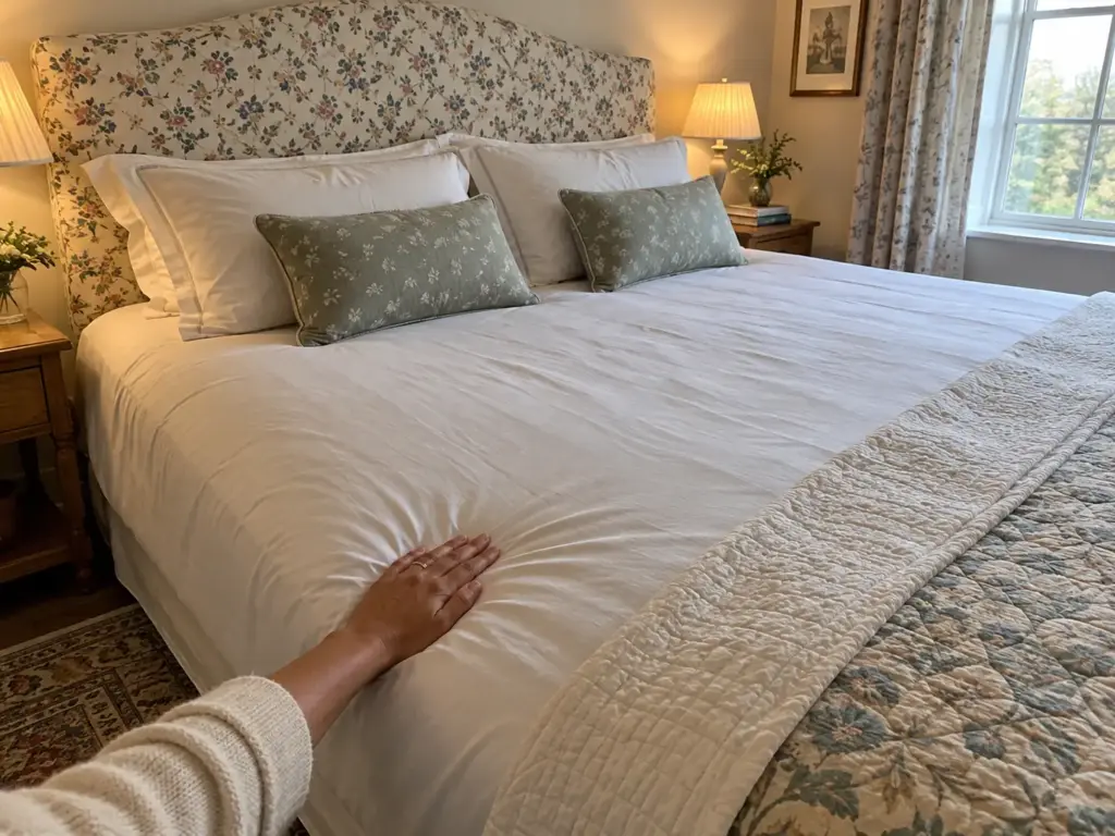A flat palm resting on the sheet over a topper, the sheet dished in a broad shallow ring around the hand