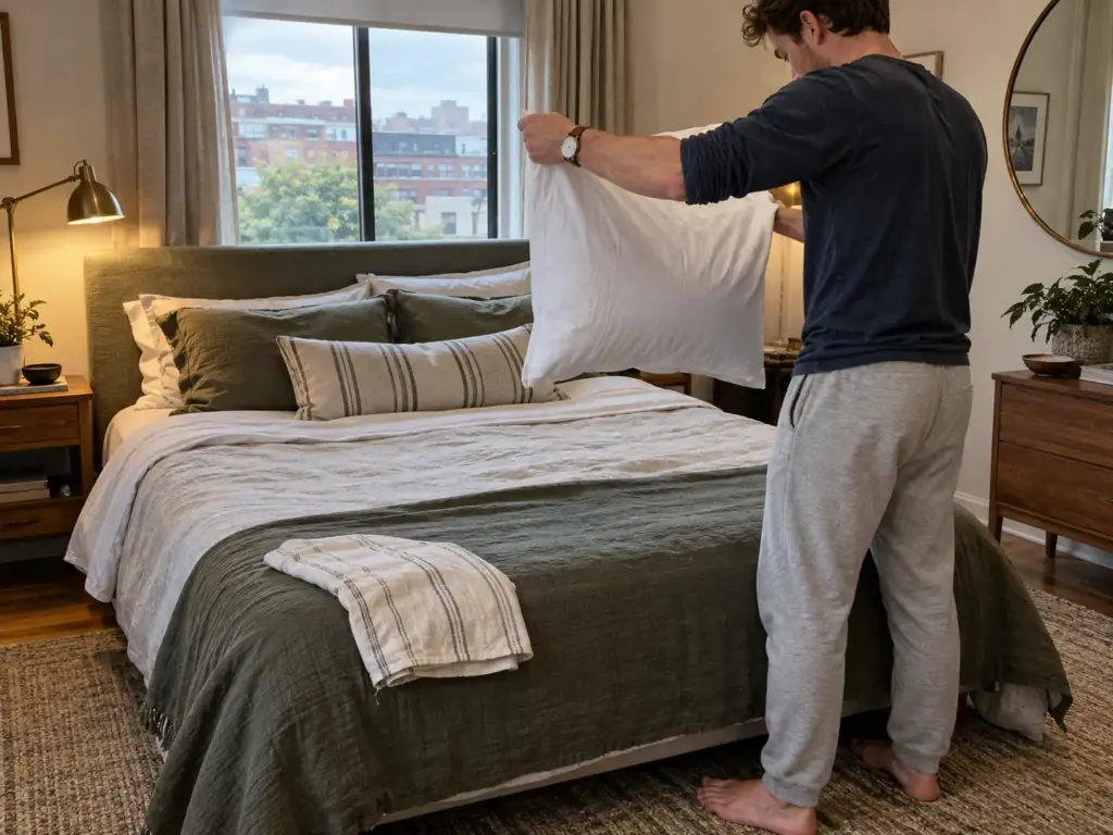 Man at the side of a made bed holding a bare pillow by two corners and shaking it lightly to loosen the fill