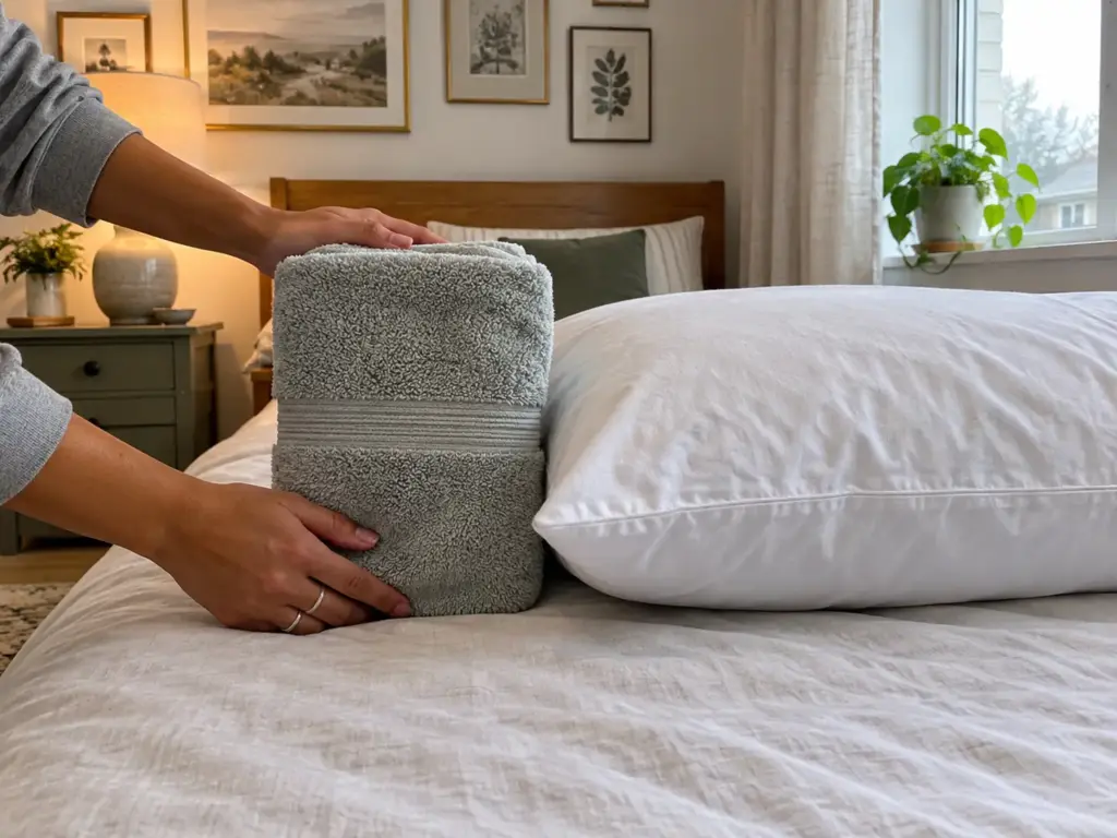 Hands folding a bath towel to the height of a pillow on a made bed to test the gap between ear and mattress for side sleeping