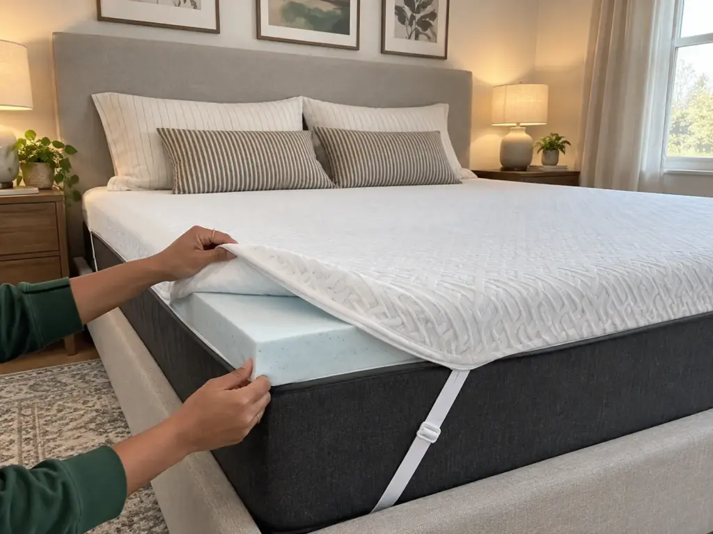 Hands fold back the corner of a gel memory foam topper on a queen bed to show its cut edge under a knit cover