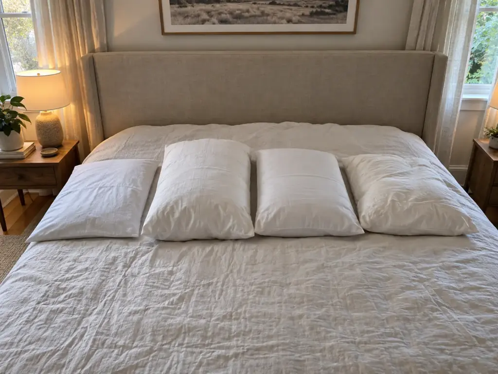 Four pillows of different heights and fills laid in a row across a made bed before the weekly wash