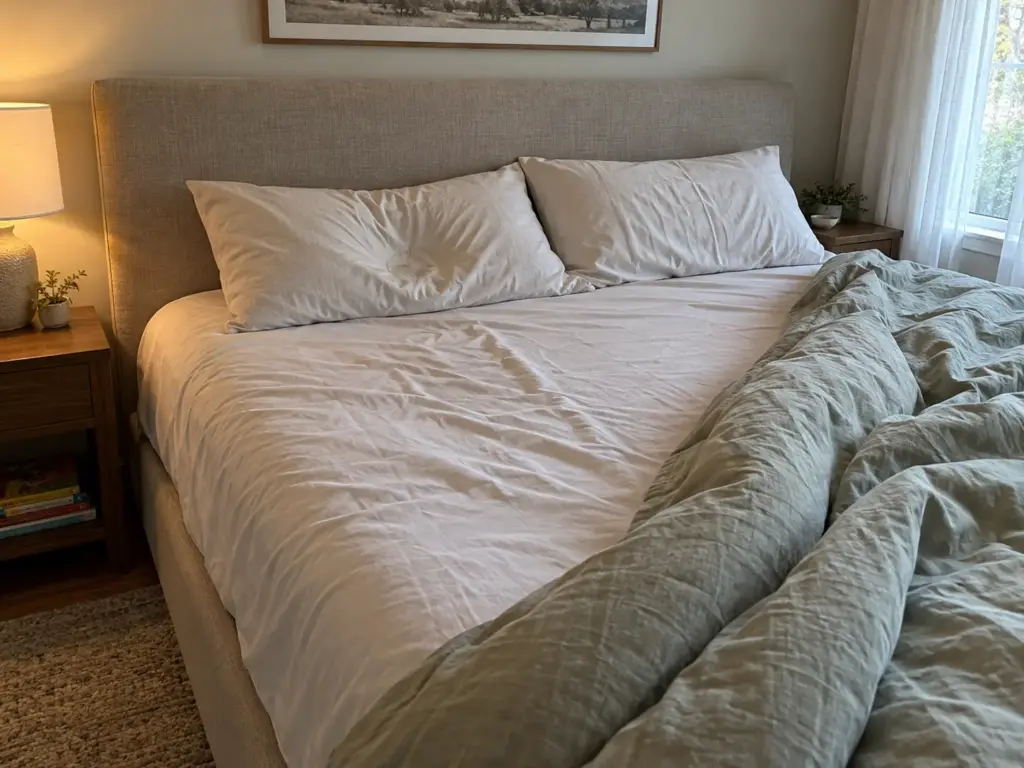 Unmade queen bed with the duvet turned back and a soft dent in the pillow where a head lay overnight