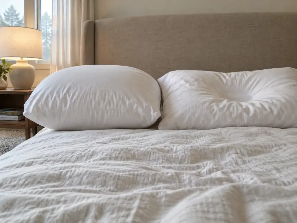 Latex pillow back at its full height beside a buckwheat pillow still holding the dent of a head on a made bed