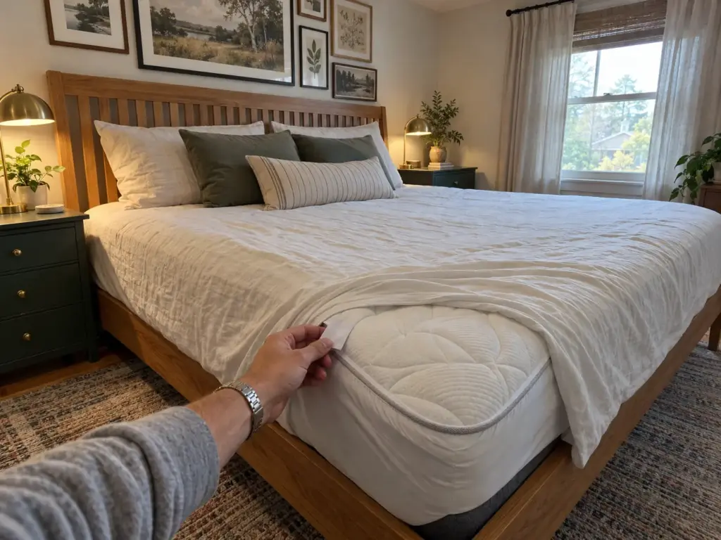 A hand lifts the corner of a fitted sheet to show a quilted mattress topper cover and its sewn-in label turned blank side out