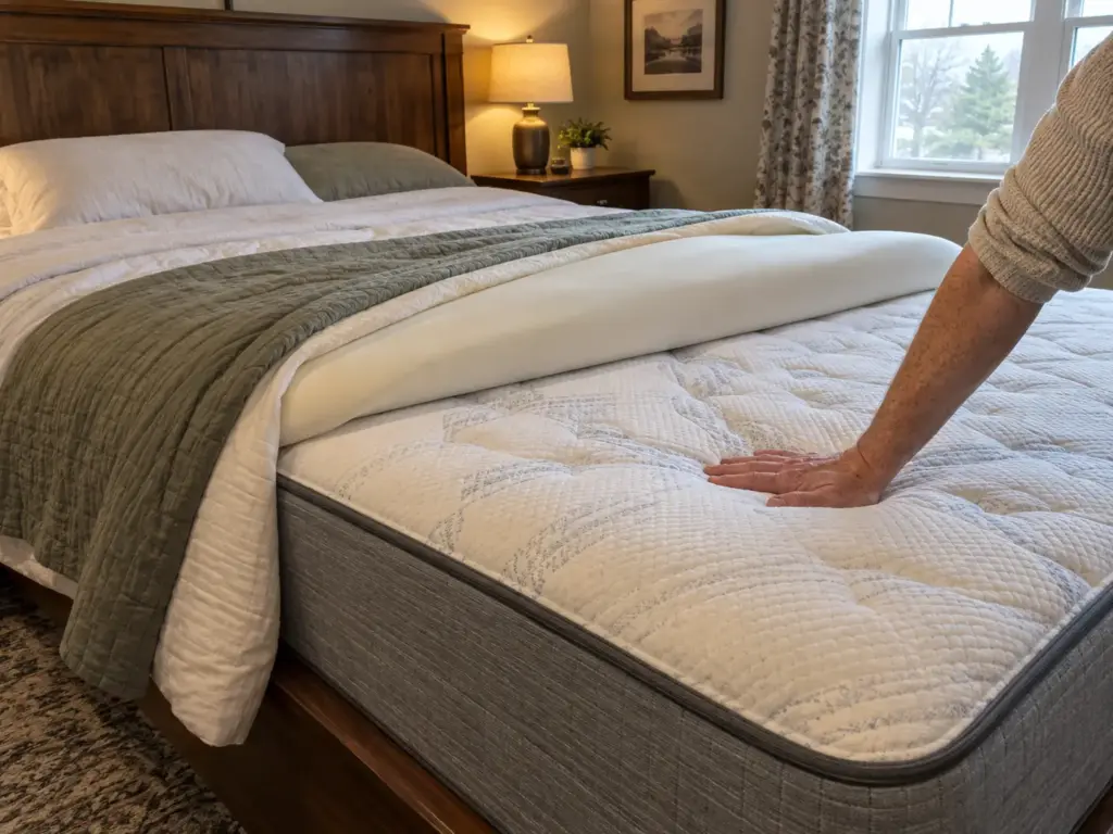 A hand pressing the middle of a bare mattress where the hips rest, the topper folded back beside it