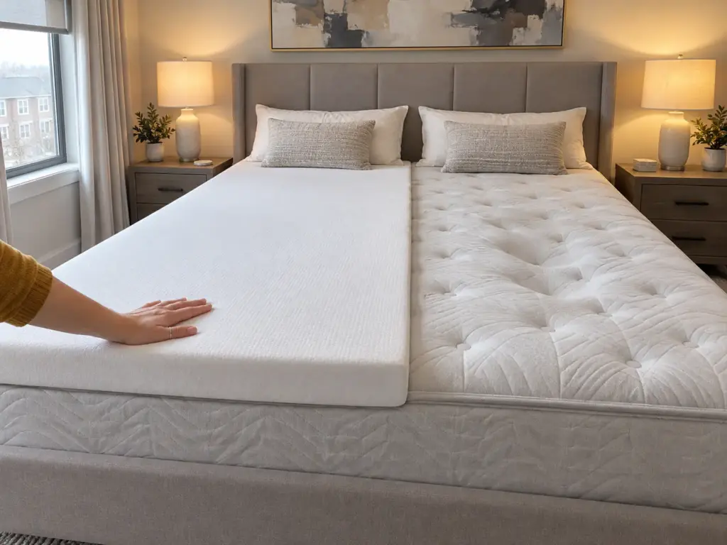 A foam mattress topper folded back to the middle of a bed, its half level while the mattress beneath shows a shallow hollow