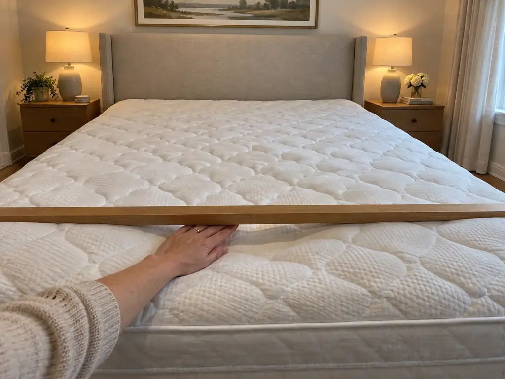 A plain wooden yardstick lies across a stripped mattress with a band of light under it as a hand checks the gap in the middle