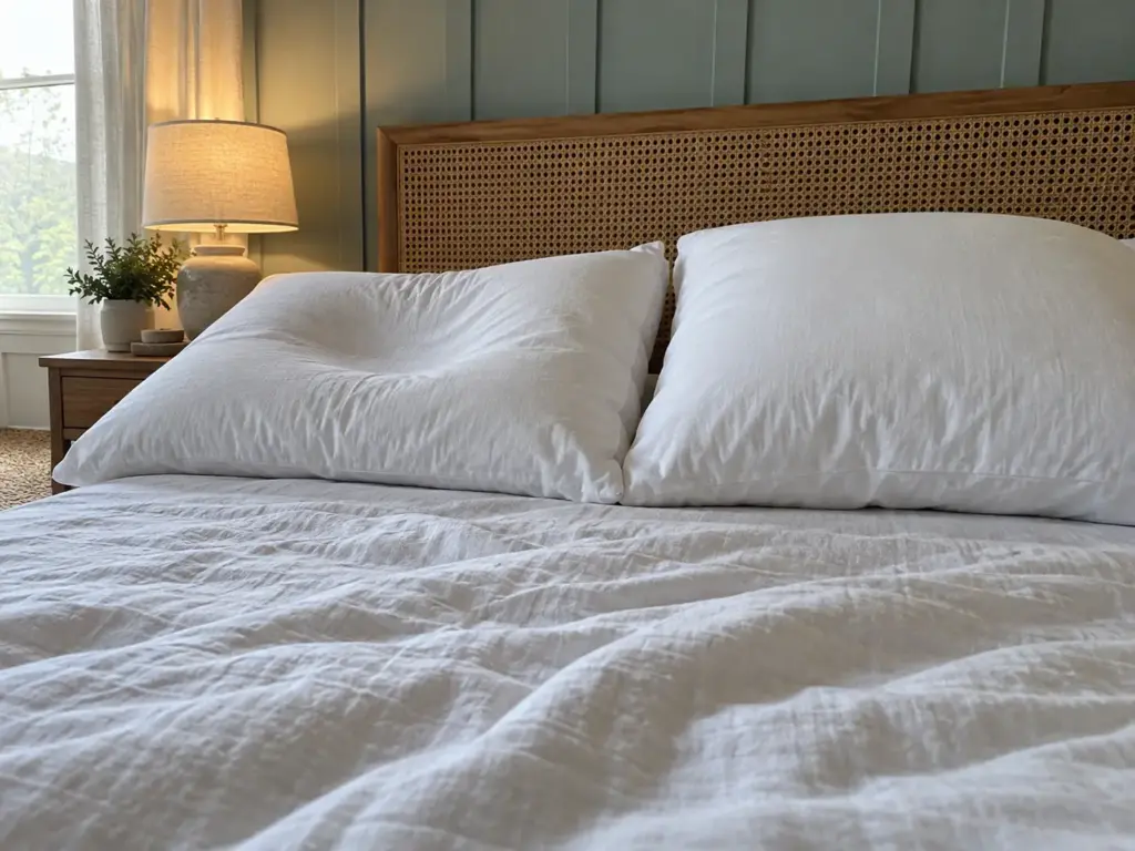 Hand resting beside the dent left in a foam pillow, next to a plumped soft pillow on a made bed