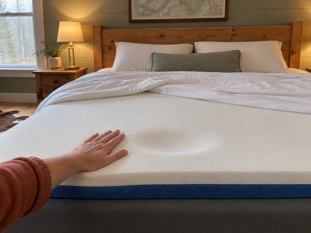 A hand beside the soft dent it just left in a memory foam topper on a queen bed