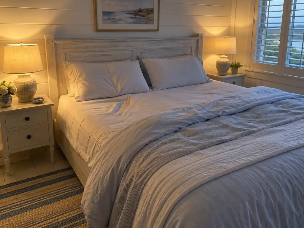Slept-in side of a queen bed with a creased pillow edge and an elbow-shaped crease in the sheet beside it