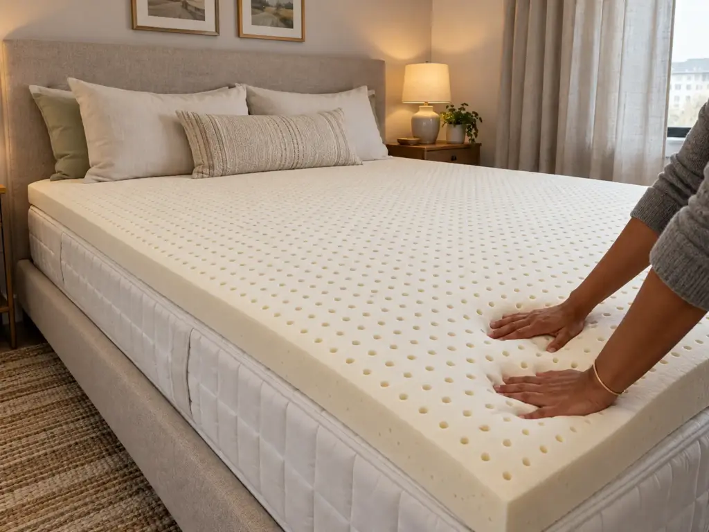 Hands press the corner of an open-cell natural latex topper laid on a made-up queen bed to show its pin-core holes