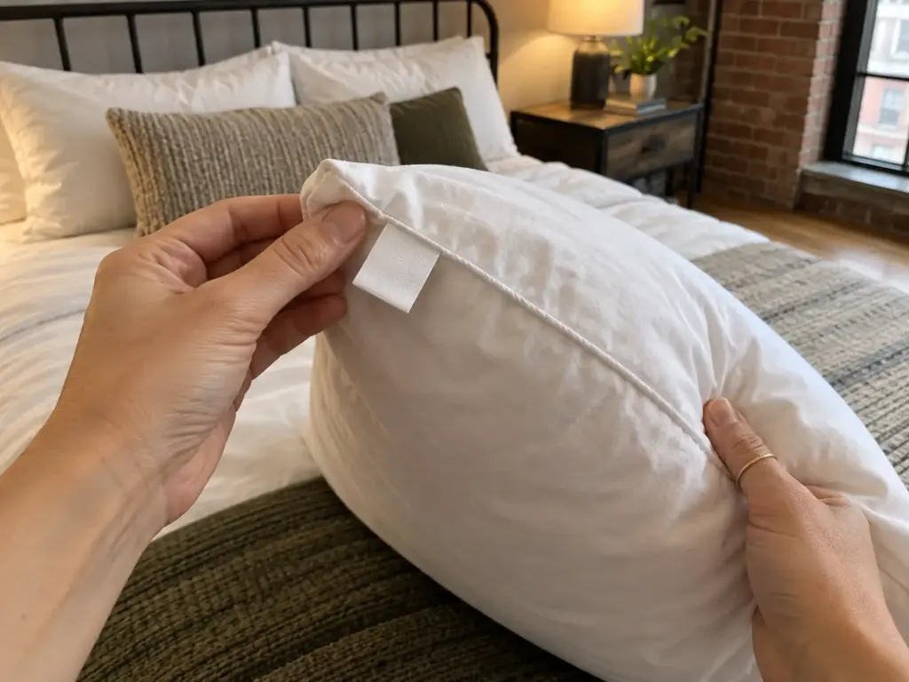 Hands holding a pillow's seam open to show the plain back of a small sewn-in tag on a cotton shell