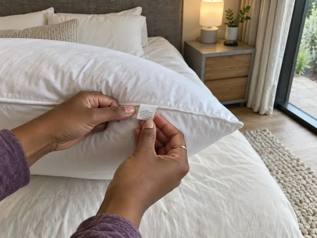 Hands folding out the small sewn-in tag from the side seam of a plump white pillow on a made bed